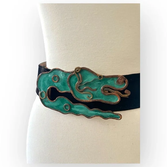 Vintage MCM Hubert Harmon Mayo Mexico Enamel Brass Brutalist Belt Buckle - Picture 2 of 11